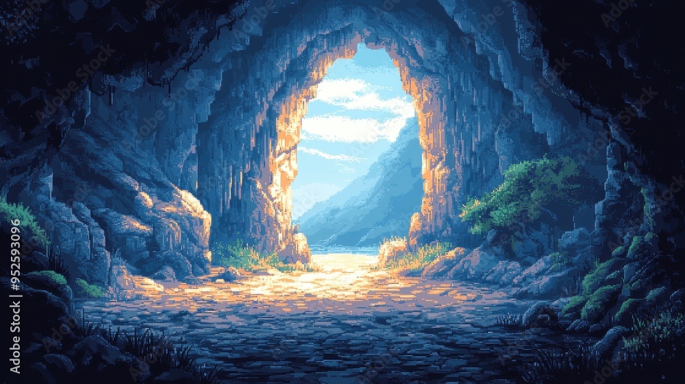 Poster mystical pixelated cave entrance in retro exploration game with modern framing and dark copy space
