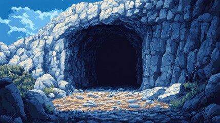Retro Pixel Art Cave Entrance with Dark Copy Space for Modern Exploration Games