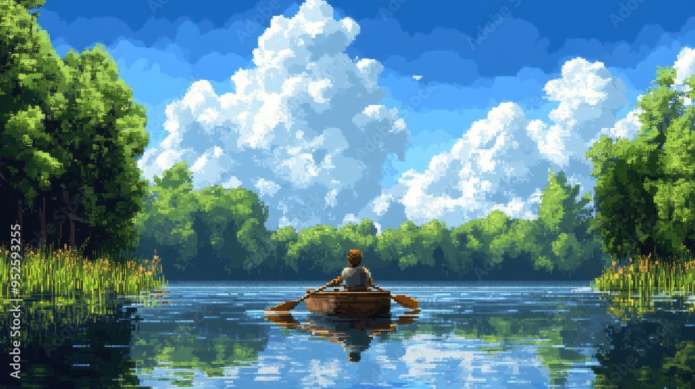 Aufkleber retro pixelated character rowing in 16-bit lake with ample copy space for nostalgic exploration in m