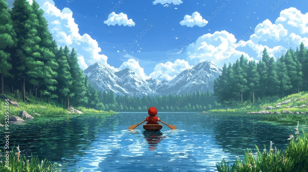 Aufkleber nostalgic pixelated character rowing in 16-bit lake with modern layout and ample water copy space fo