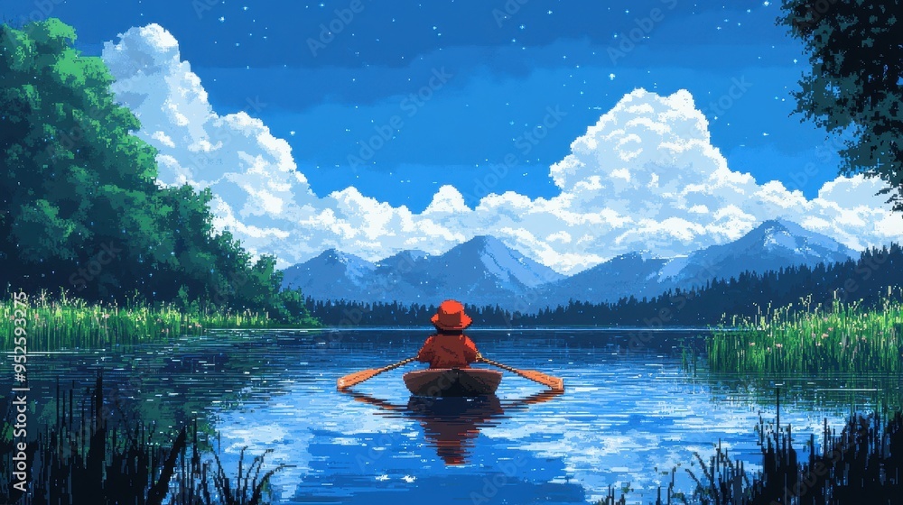 Aufkleber nostalgic pixelated character rowing in a retro 16-bit lake with modern layout and ample copy space 