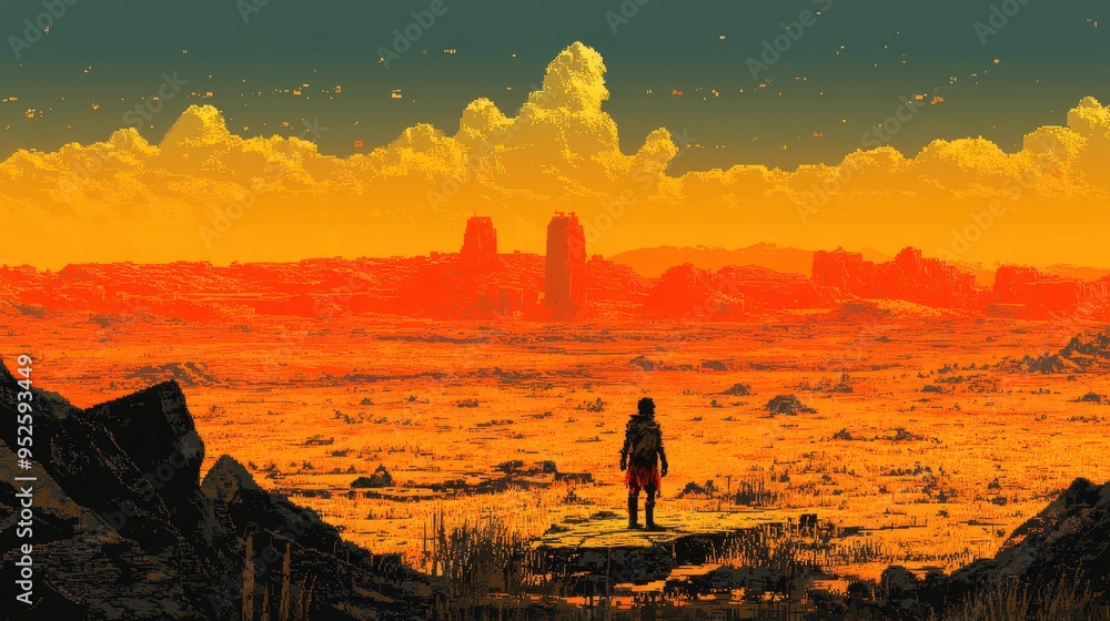 Poster retro pixelated character adventure in 16-bit desert landscape with copy space