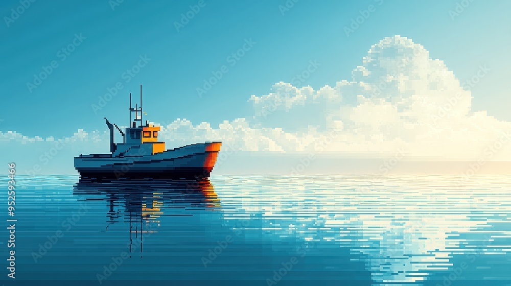 Poster pixelated ship sailing on calm ocean - nostalgic maritime 8-bit pixel art with copy space