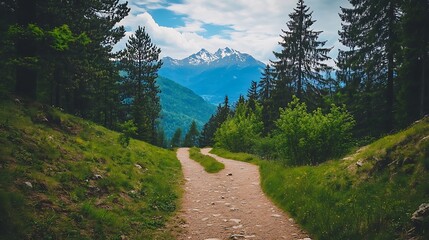 A peaceful mountain trail with a carpet of pine needles, tall evergreen trees, and a view of a distant snow-capped peak - Powered by Adobe