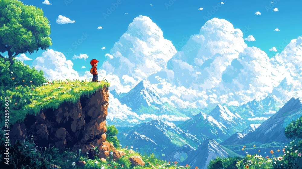 Poster digital adventurer scaling pixelated heights - minimalist retro exploration game concept with copy s