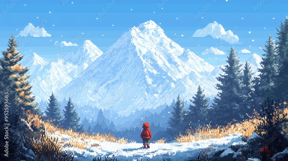 Aufkleber retro pixel art character walking in snowy 16-bit landscape with clear sky, nostalgic winter scene f