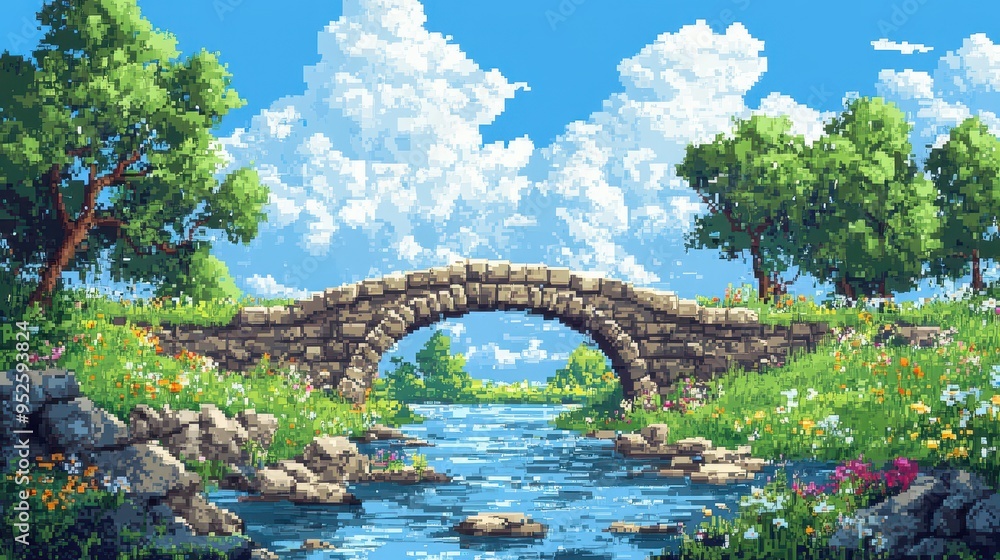 Poster Retro 8-bit Pixelated River Scene with Bridge - Minimalist Exploration Game Concept with Sky Copy Space