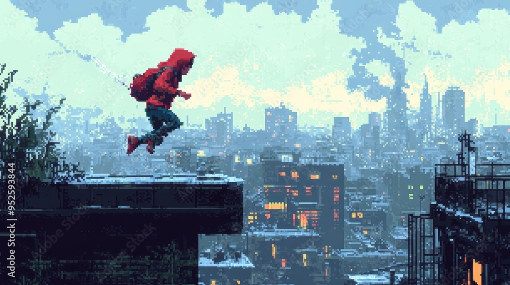Poster Retro Pixelated Character Running on 16-Bit Rooftop in Nostalgic Urban Adventure with Copy Space