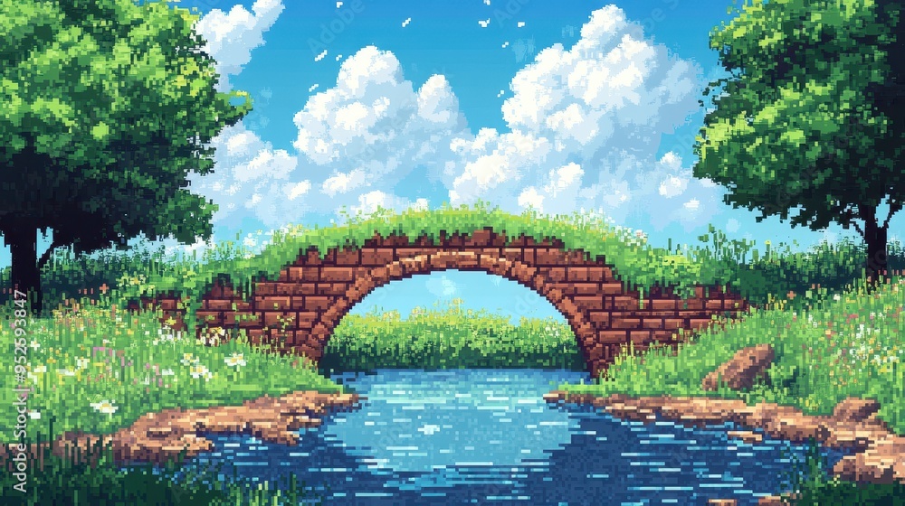 Poster 8-bit pixel river crossing: retro exploration game scene with bridge and sky copy space