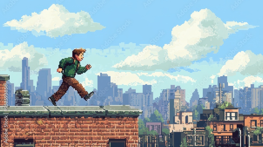 Poster retro pixel art character running on rooftop in nostalgic urban adventure setting with copy space, v
