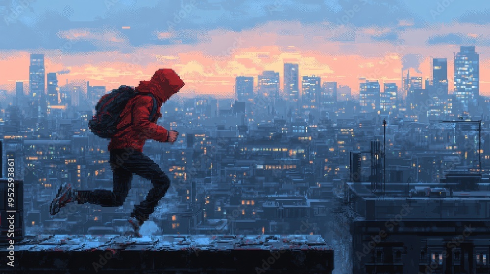 Poster retro pixelated character running on rooftop - nostalgic urban adventures in 16-bit pixel art with c