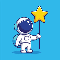 Cute Astronaut Holding Star Balloon Cartoon Vector Icon Illustration. Astronaut Isolated Flat Cartoon Style