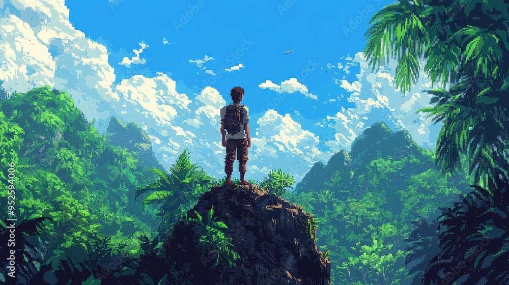 Aufkleber retro pixelated character in 16-bit jungle adventure with clear sky - minimalist retro game scene wi