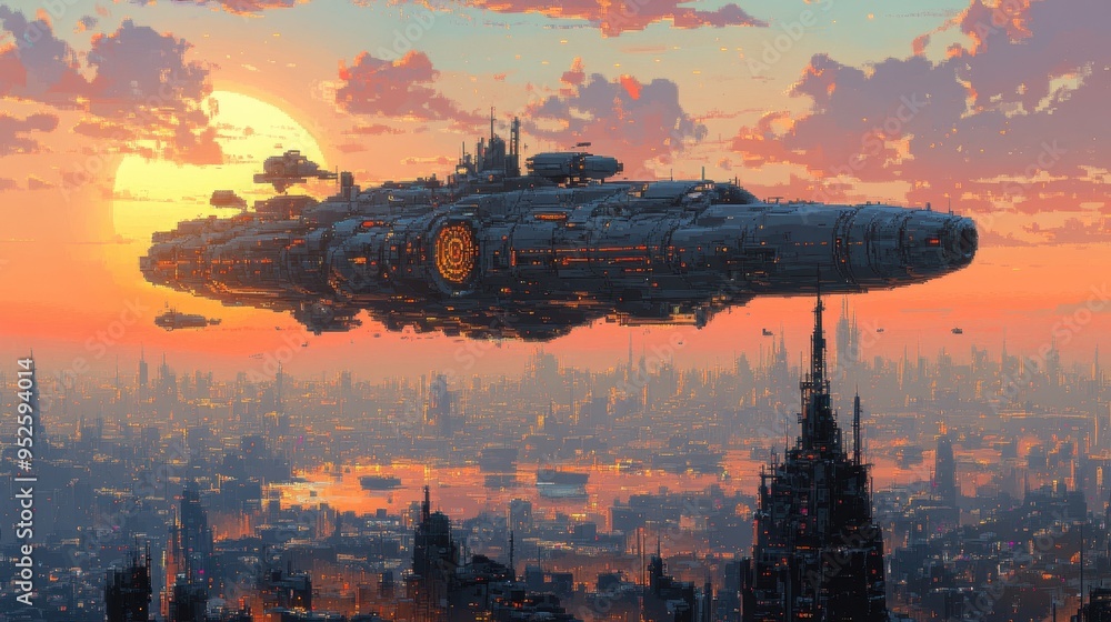 Poster retro pixelated spaceship soaring over cityscape in 8-bit style with ample sky copy space - classic 