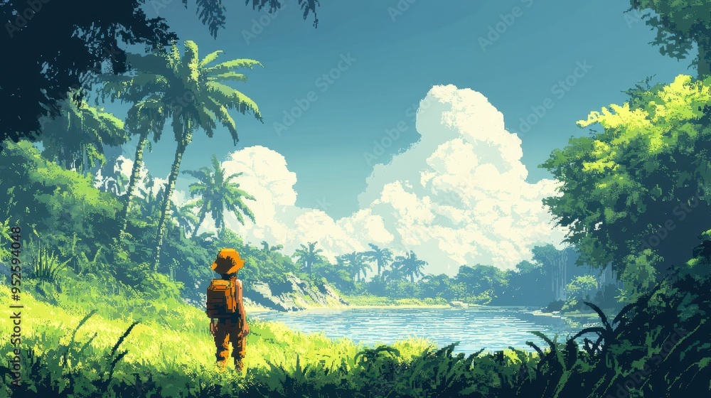 Poster retro pixelated character on 16-bit jungle adventure with clear sky copy space for minimalist gaming