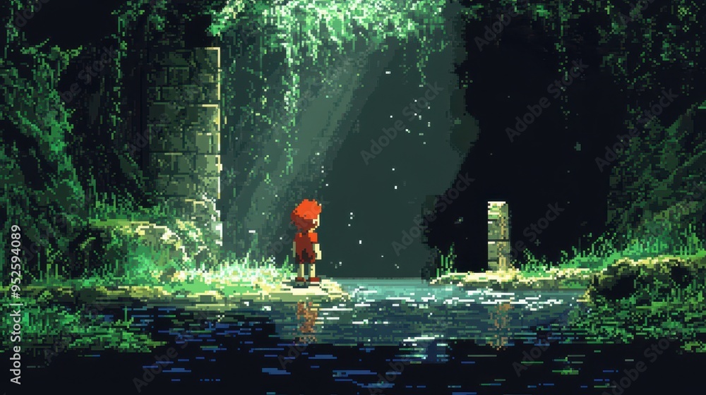 Poster retro pixelated character exploring 16-bit cave with dark copy space for retro gaming concept design