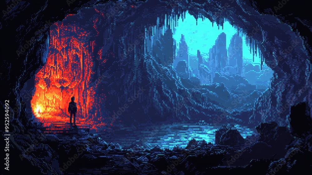 Poster Retro Pixelated Character Exploring a 16-Bit Cave with Copy Space