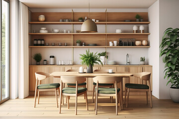 Modern Minimalist Dining Room with Open Kitchen and Wooden Shelves