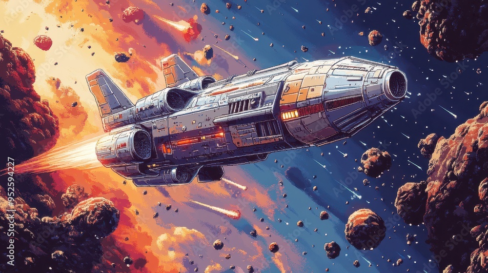 Poster retro arcade game concept with 8-bit pixelated spaceship flying through asteroids against contempora