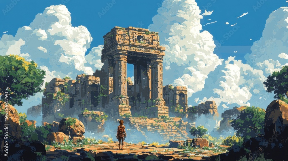 Poster nostalgic pixelated character ventures into 16-bit temple with minimalist design, ample sky copy spa