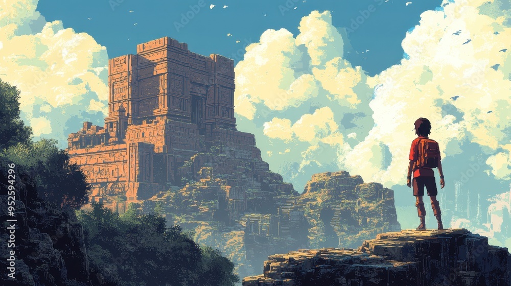 Aufkleber retro pixel adventure: exploring the 16-bit temple with minimalist aesthetics and sky copy space