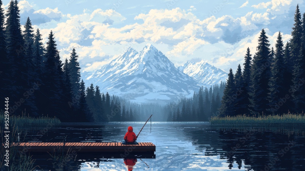 Poster tranquil pixelated fishing scene on 16-bit dock with water copy space | nostalgic minimalist backgro