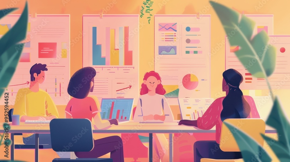 Poster a diverse team collaborates in a modern office, analyzing charts and graphs, emphasizing teamwork an