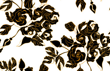 Seamless golden flowers pattern. Textile print pattern. Flowers pattern design.