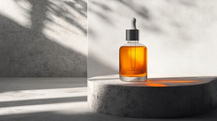 Skincare products in glass bottles with pipettes, showcasing a gradient from brown to orange, on a concrete podium.