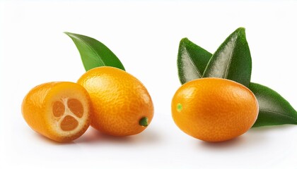 Set of Kumquat and leaves, isolated on white background