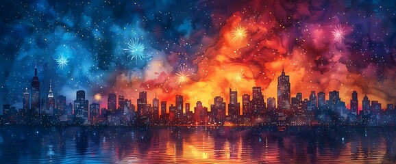 Obraz premium Cityscape with a vibrant watercolor sky with fireworks.