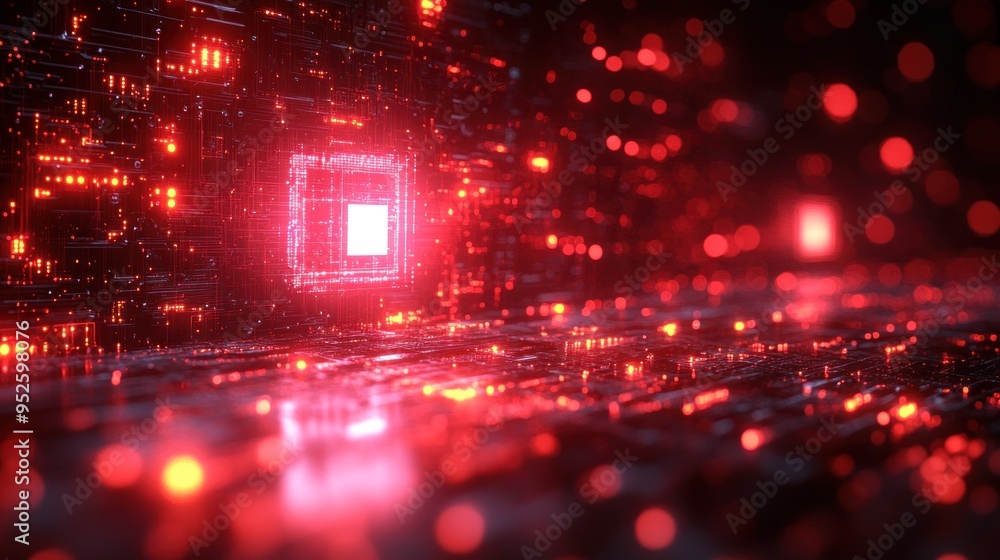Poster vibrant red lights pulse through intricate electronic circuits, creating a mesmerizing display of te