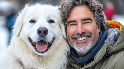 A smiling man enjoys the winter chill, cuddling his large, white dog in a snowy environment filled with joy