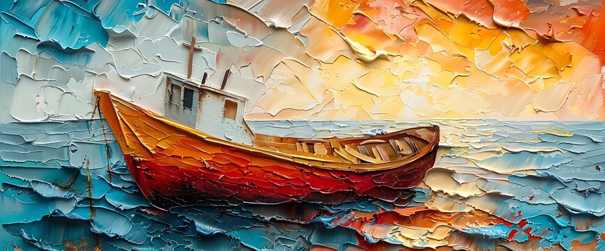 Oil painting of a red fishing boat on the water at sunset.