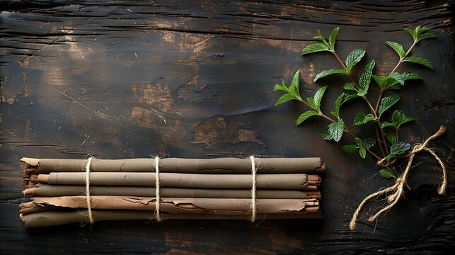 Fresh mint sprigs and cinnamon sticks on rustic wooden background. - Powered by Adobe