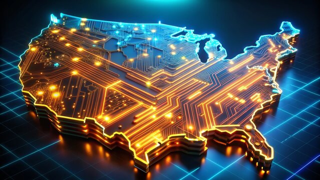 Vibrant 3D rendering of the United States map comprised of glowing circuit boards, wires, and pixels, symbolizing the intersection of technology and geography.