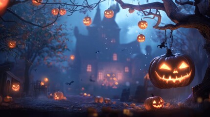 Mystical Halloween scene with glowing pumpkins, eerie trees, and a haunted castle, perfect for spooky decorations and themes.