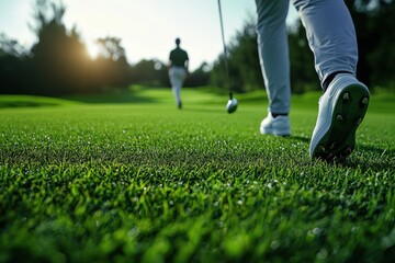Obraz premium A golfer prepares to swing on a lush green course, capturing the essence of sportsmanship and nature at sunset.
