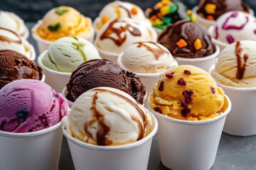 A vibrant display of various ice cream flavors in cups, perfect for summer treats and dessert inspiration.