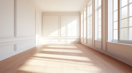 Obraz premium Une pièce vide offrant une superficie importante, mur blanc avec boiseries, fenêtres et lumière traversante, espace de travail pour bureau et activité professionnelle.