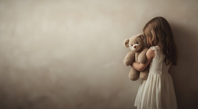 Une petite fille, vue de dos, avec des cheveux longs, tenant un ours en peluche dans une main et l'embrassant contre un mur uni clair, expression de tristesse, image avec espace pour texte.