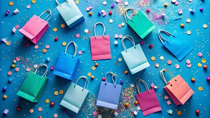 Vibrant blue background with scattered shopping bags, tags, and confetti, conveying excitement and celebration of discounts and savings during a joyful sale event.
