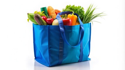 Vibrant blue reusable shopping tote bag with sturdy handles and a sleek design, filled with various colorful products, against a clean white background.