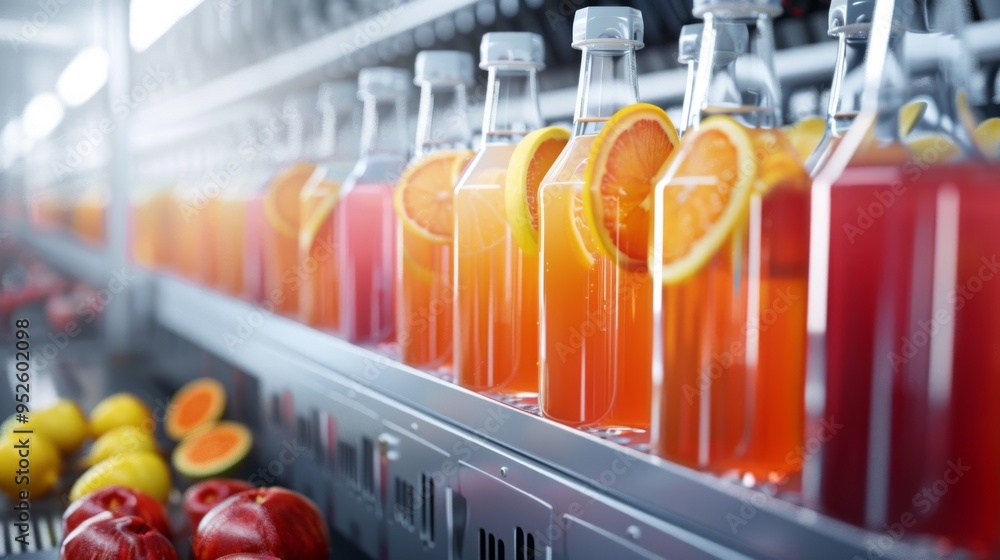 Poster a row of bottles of orange juice with a few oranges in the foreground