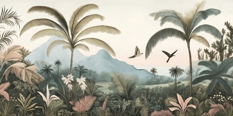 wallpaper jungle and leaves tropical forest birds old drawing vintage