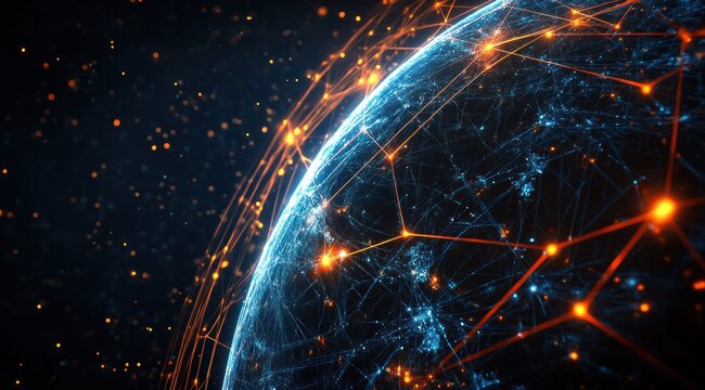 Sph&egrave;re abstraite bleue et orange lumineuse avec des connexions r&eacute;seau sur un fond sombre, un concept de communication mondiale ou de transfert de donn&eacute;es.
