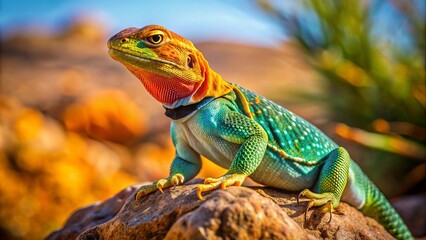 Obraz premium Vibrant collared lizard perches on a rocky outcropping, its bright green and orange scales glistening in the desert sunlight, displaying its colorful crest.
