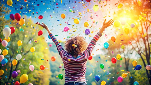 Vibrant colorful confetti and balloons surround a carefree person dancing with arms raised, embracing freedom and joy in a lively outdoor celebration atmosphere.