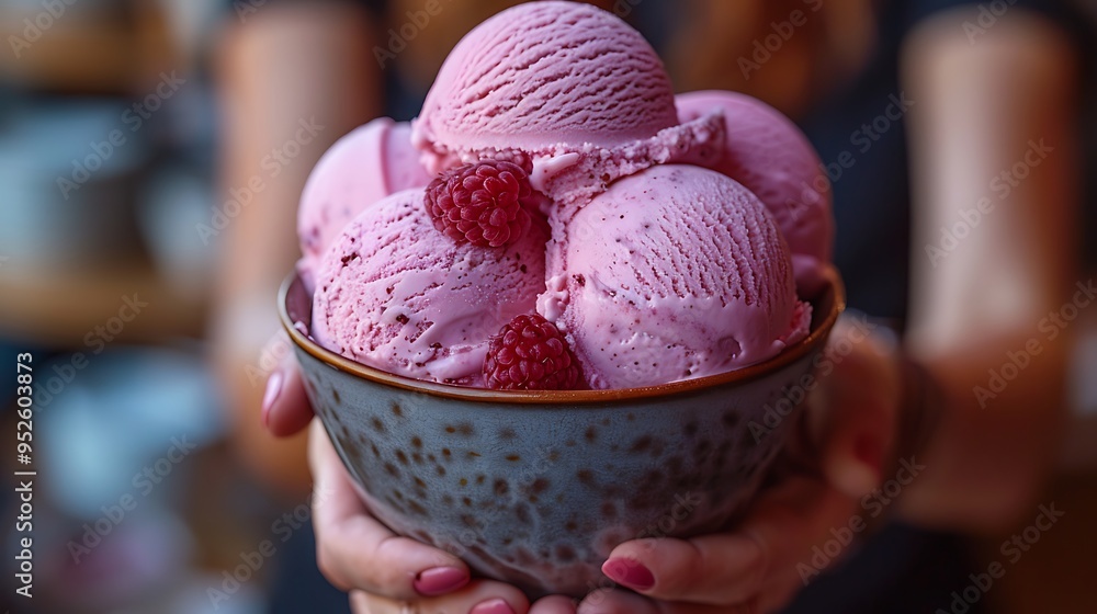 Poster a bowl of pink raspberry ice cream held in front of a blurred background.