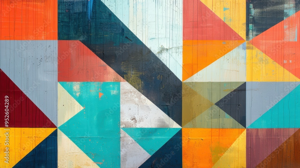 Poster a vibrant and colorful geometric abstract painting with various shapes and patterns. ideal for moder